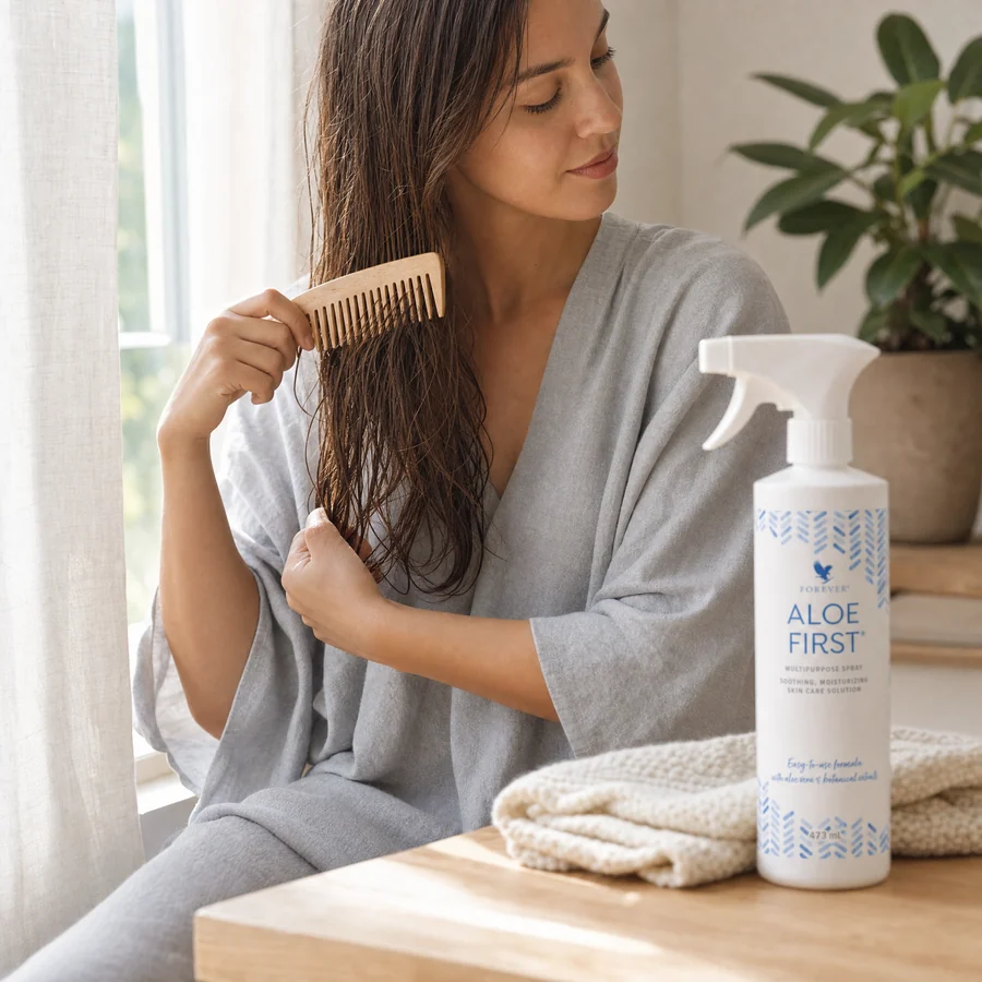 Păr pieptănat cu un pieptene cu dinți rari după aplicarea Aloe First ca balsam leave-in