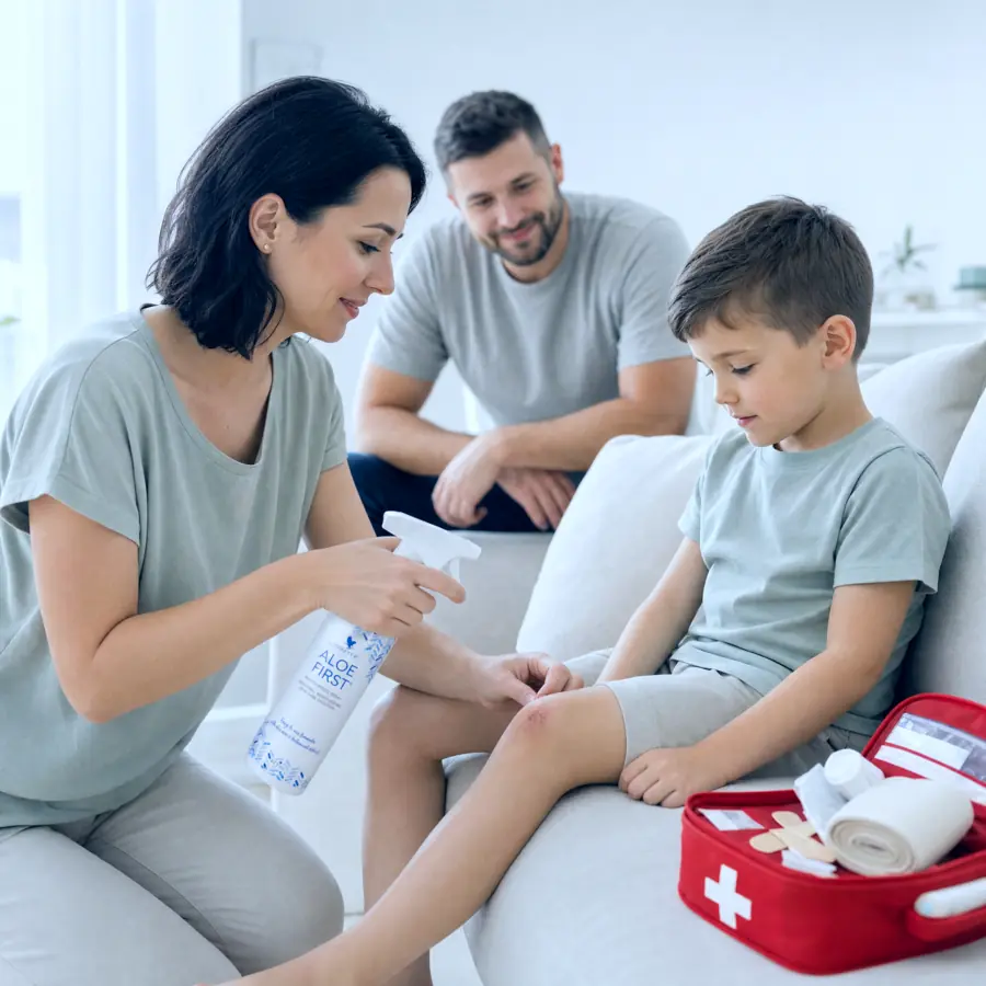 Mamă pulverizând Aloe First pe genunchiul copilului, acasă, lângă trusa familiei